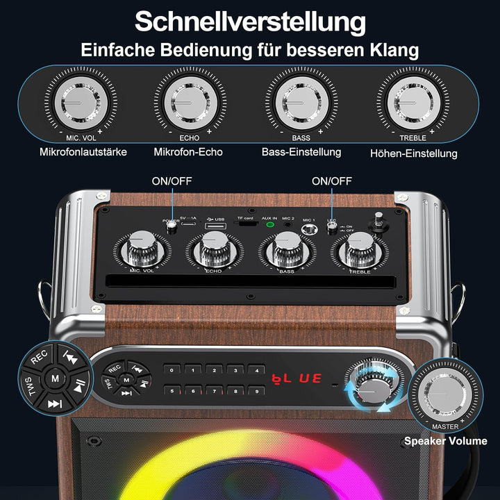 JYX Karaoke Maschine, Karaoke Anlage mit 2 Mikrofonen, Tragbare Bluetooth 5.3 Karaoke Box, 80W PA An