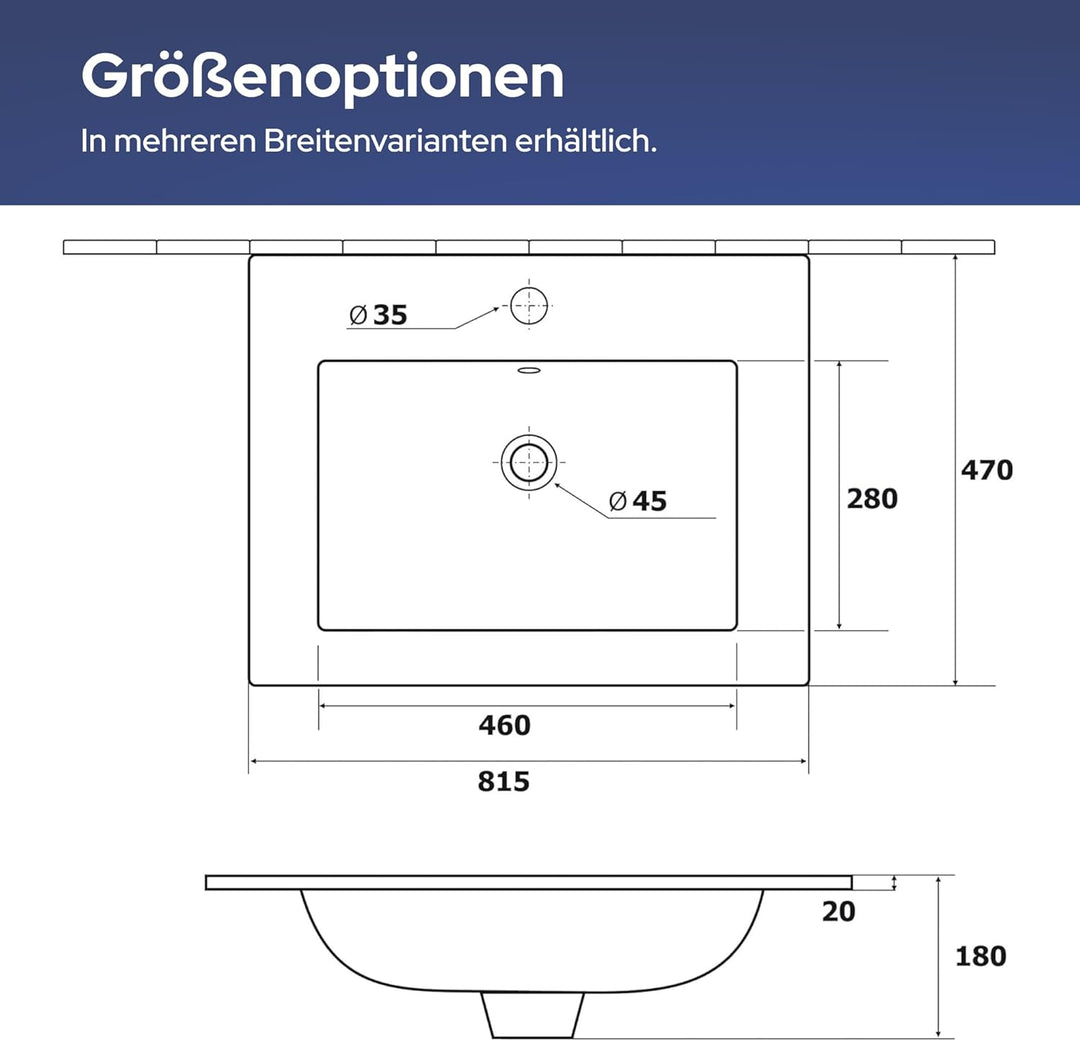 VILSTEIN Keramik Einbau-Waschbecken, 82cm, Weiss, Mit Überlauf, Einsatz-Waschbecken, Waschtisch 80 c