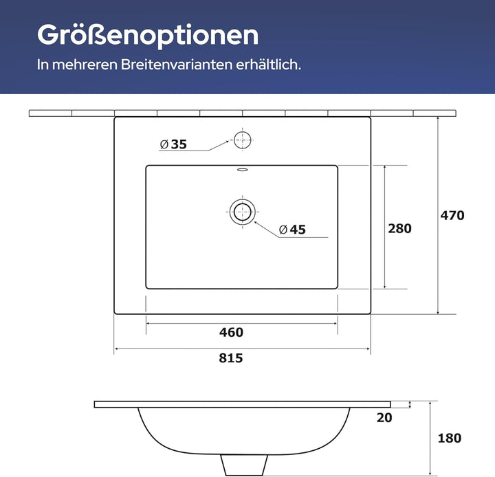VILSTEIN Keramik Einbau-Waschbecken, 82cm, Weiss, Mit Überlauf, Einsatz-Waschbecken, Waschtisch 80 c
