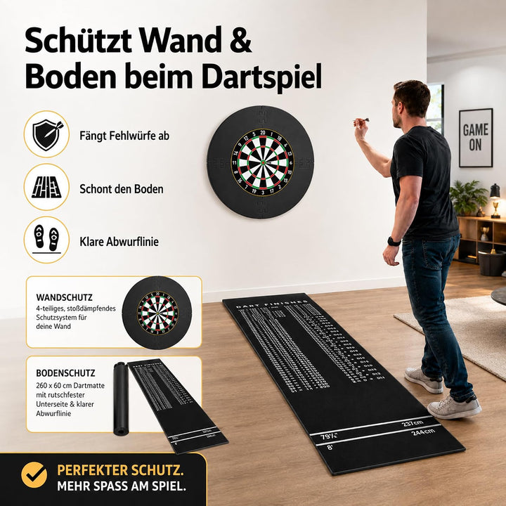 Dartteppich &amp; Dart Surround Set - 300x60 cm Dartmatte mit Abwurflinien &amp; Checkout-Tabelle + 13cm Puz
