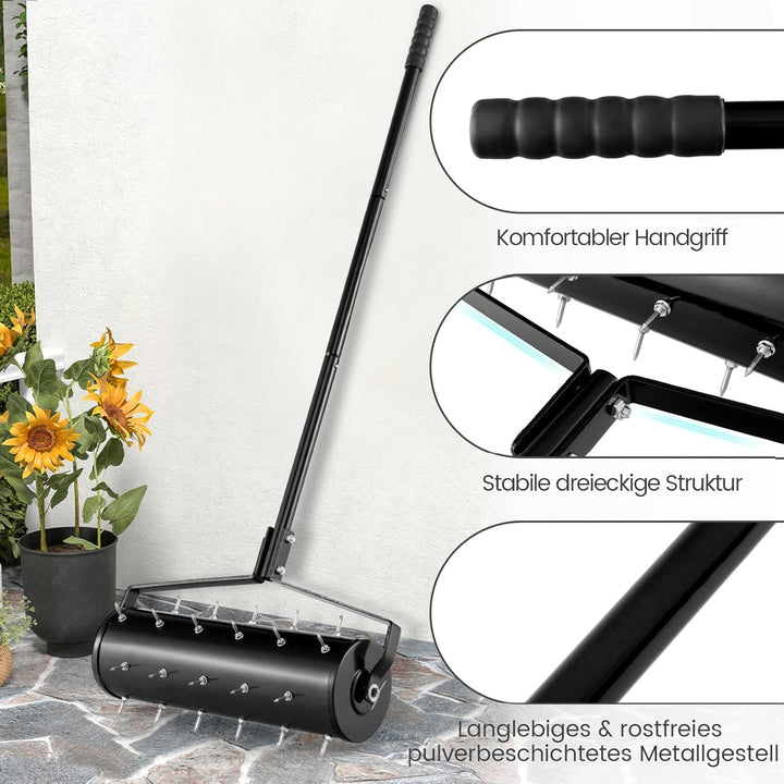 GOPLUS Rasenbelüfter, Handvertikutierer mit Stiel & 3,4cm Nägeln, rollender Aerifizierer, manueller