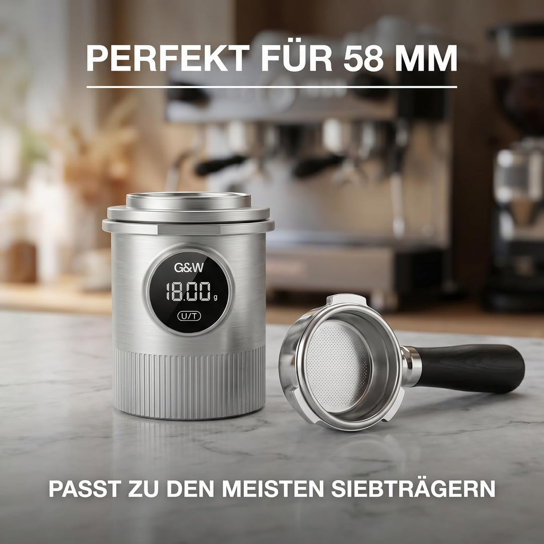 G&W Kaffee Dosing Cup Waage 58 mm, Digitale Espressowaage mit Becher, 0,05–0,1 g Genauigkeit bis 500