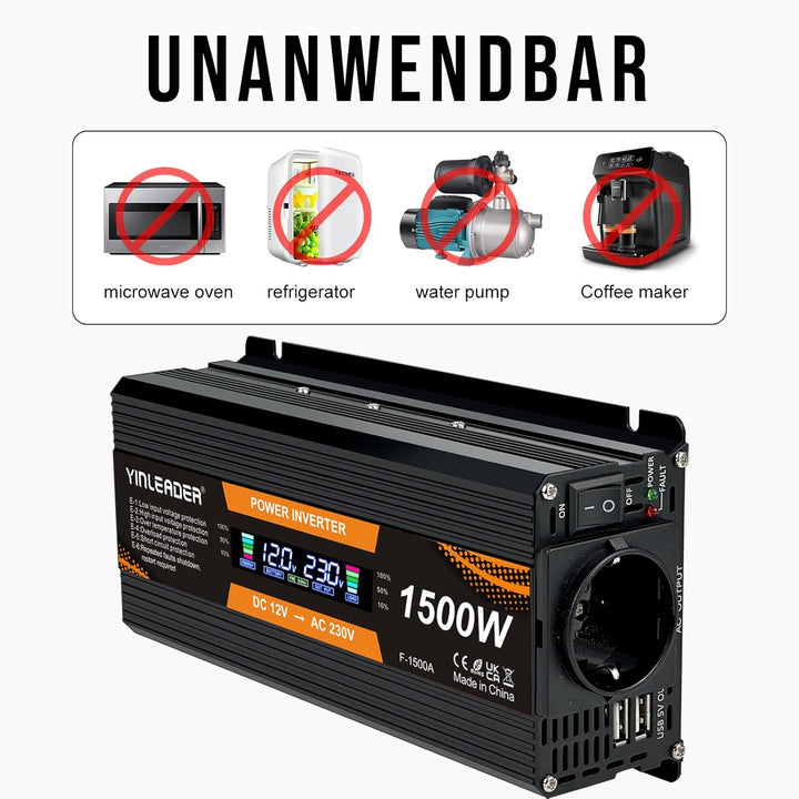Spannungswandler 12V 230V 1500W Wechselrichter Grosses Display Stromwandler 12 auf 230 Inverter