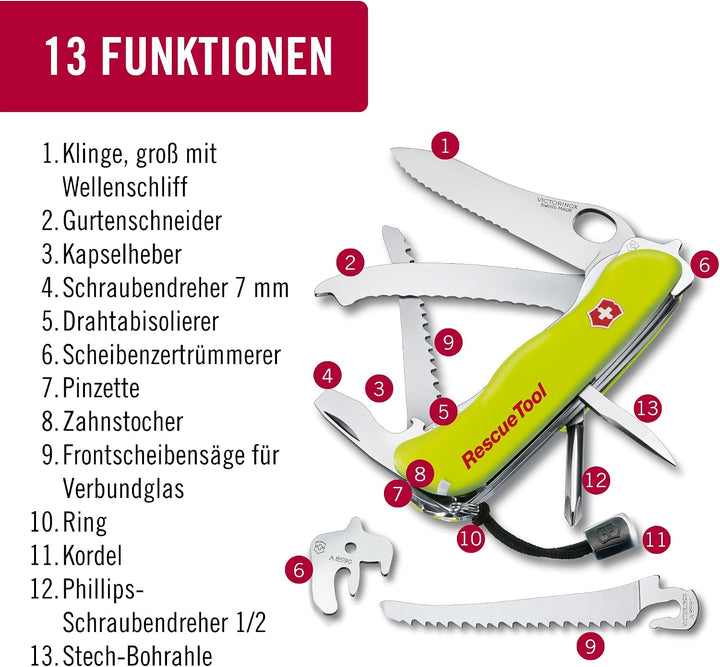 Victorinox Schweizer Taschenmesser Rescue Tool, Swiss Army Knife, 14 Funktionen, Frontscheibensäge,