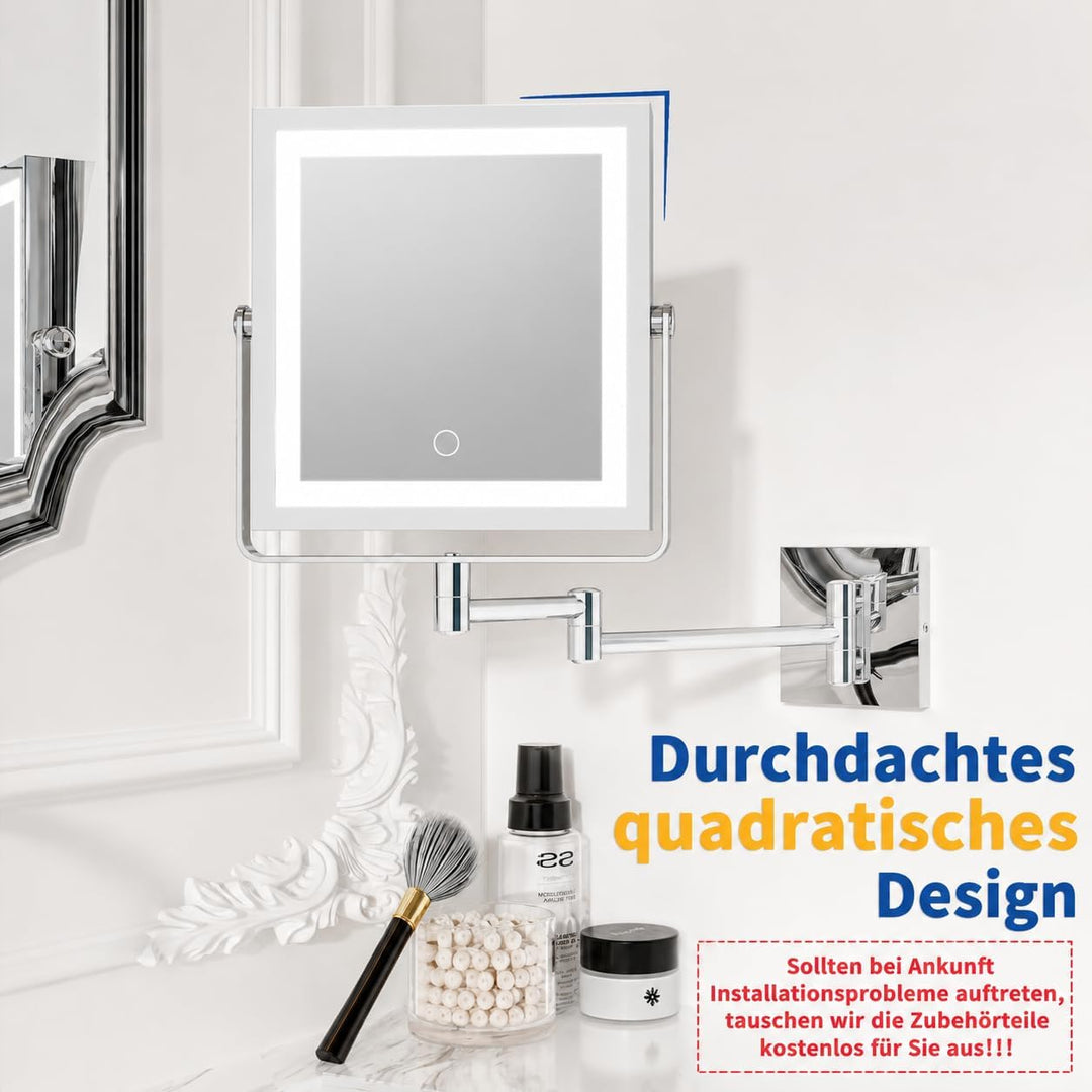 Ruacq Wiederaufladbarer Wand-Make-up-Spiegel mit Beleuchtung, doppelseitig, 1-fach/10-fache Vergröss