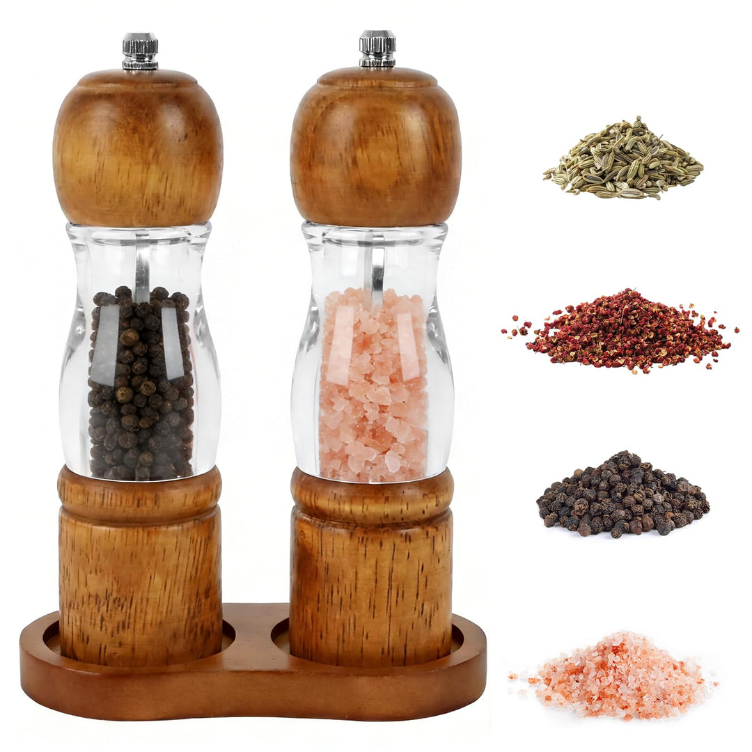 Salz und Pfeffermühle Holz, Salz und Pfeffermühle Set mit Tablett &amp; Keramikmahlwerk, Manuelle Pfeffe