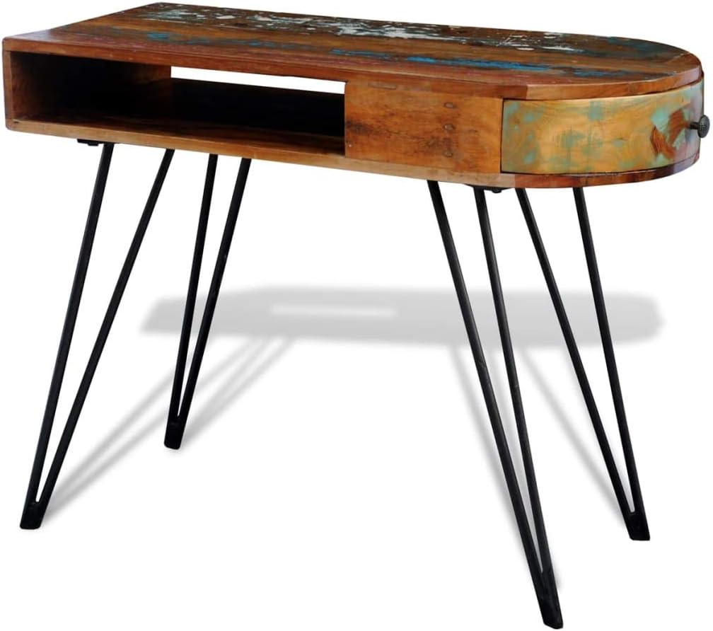 Retro Design Tisch, Reine Handarbeit, Vintage Konsolentisch Metallbeine & Schublade, Recyceltes Mass