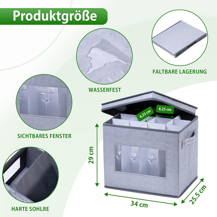 VENO Aufbewahrungsbox für Champagnerflöten aus Glas mit Deckel und Griffen, Stielgläser-Organizer, F