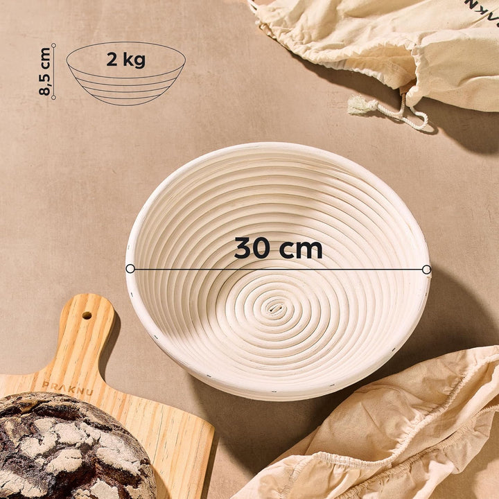Praknu Gärkorb zum Brotbacken 2er Set - Aus nachhaltigem Rattan - Rund - 30cm - Set inkl. Bürste, Le