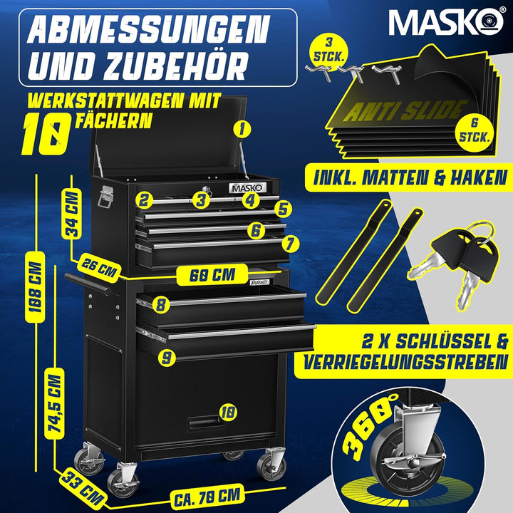MASKO® Werkstattwagen inkl. Koffer - 9 Fächer Abschliessbar | Massives Metall | Mobiler Werkzeug-Wag
