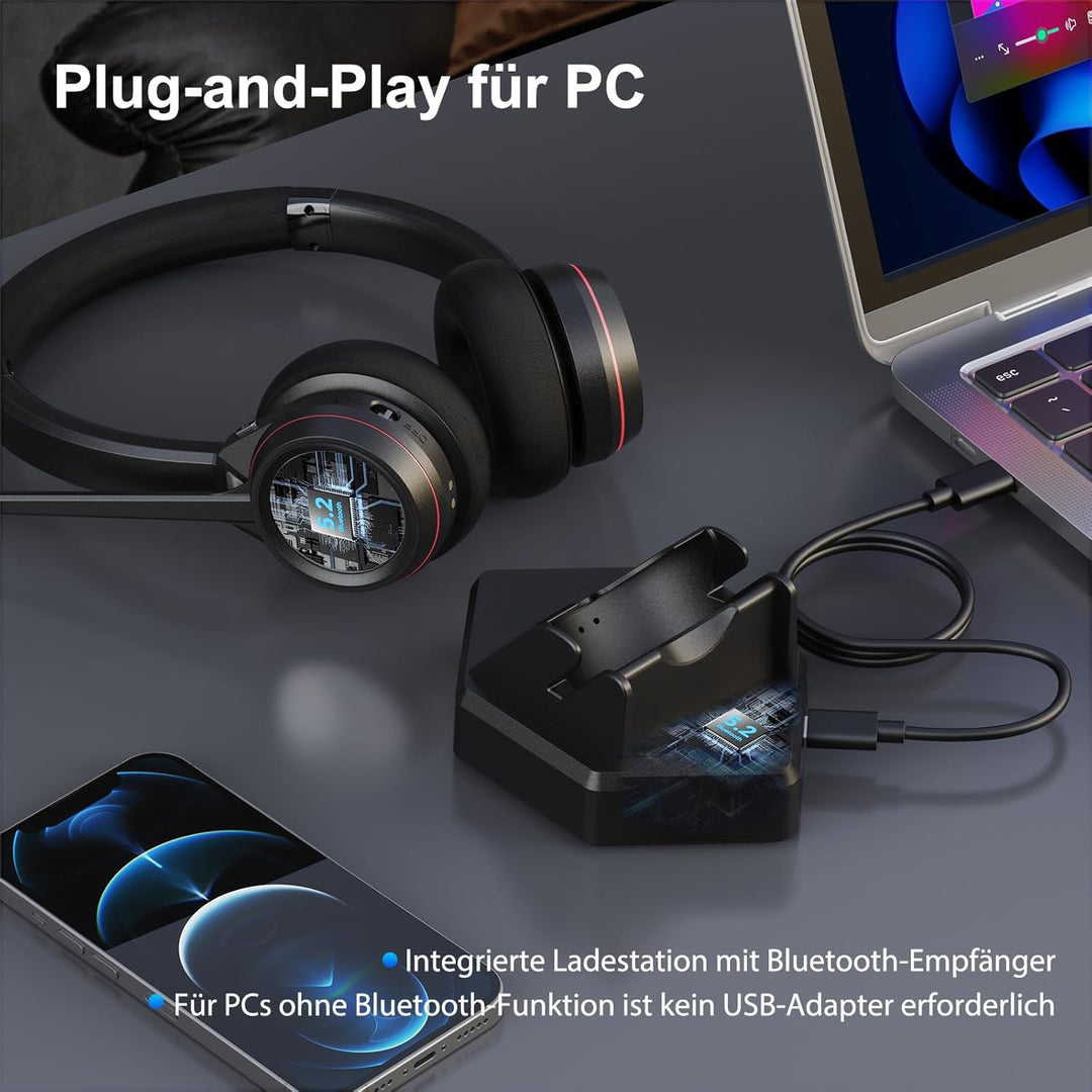 Bluetooth Headset mit Mikrofon Noise Canceling, Wireless Headset mit Ladestation & USB Dongle für PC