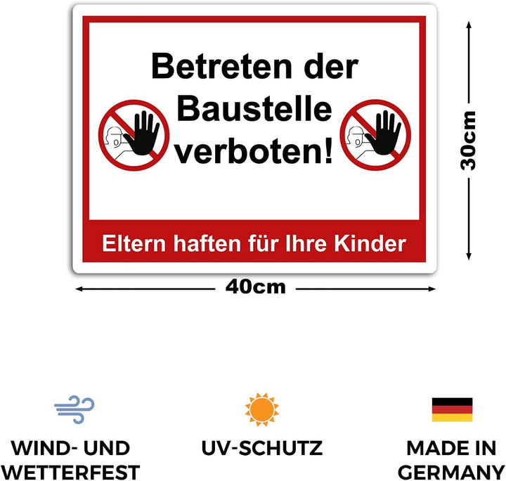 5 Stück XXL Betreten der Baustelle verboten Schild 40 x 30 cm Eltern haften für ihre Kinder ! aus st