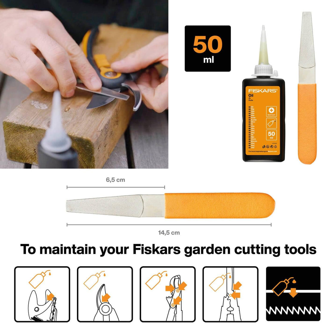 Fiskars Pflegeset für Gartenschneidgeräte, Mit Diamantfeile, Öl und Pflegeanleitung, 1001640