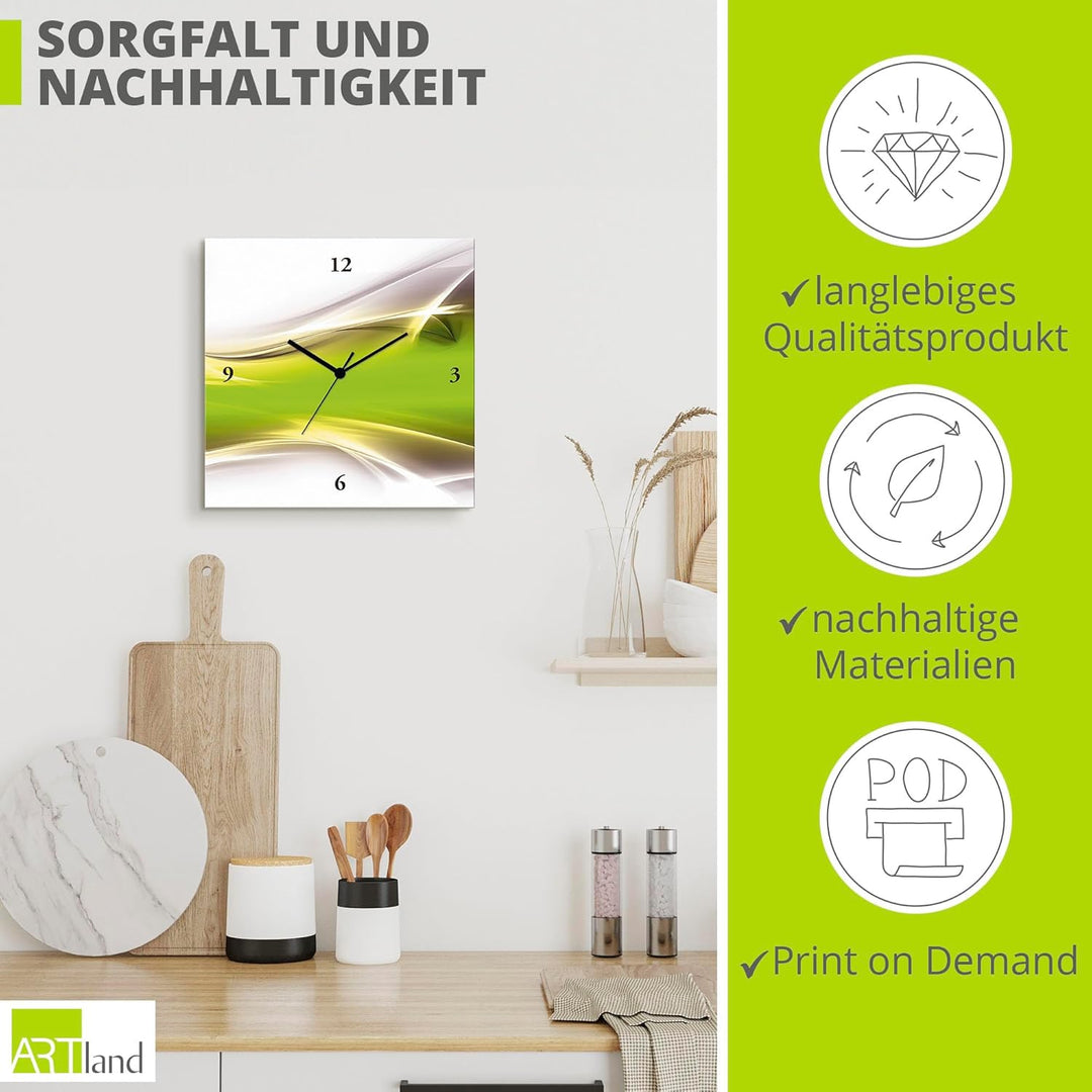ARTLAND Wanduhr ohne Tickgeräusche Leinwand Quarzuhr 30x30 cm Quadratisch Lautlos Design Abstrakt Ku