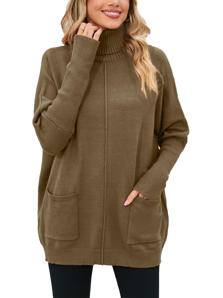 Famulily Basic Dicke Warm Herbst Winter Fledermausärmel Strick Damen Rollkragenpullover Mit Taschen