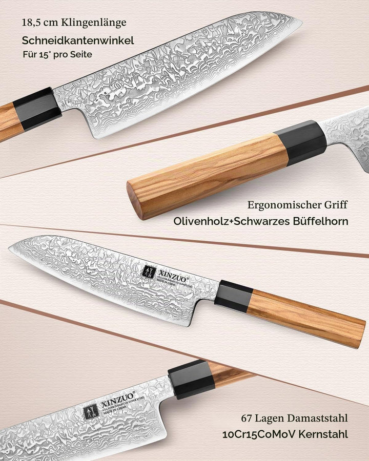 XINZUO 18,5cm Santokumesser, 67 Schichten Damaststahl Küchenmesser Multifunktions Damastmesser Profi