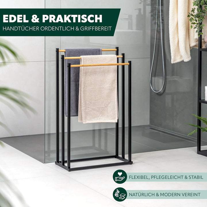 eluno Stand-Handtuchhalter freistehend, 3 Stangen, Handtuchständer, Bambus (schwarz), Schwarz