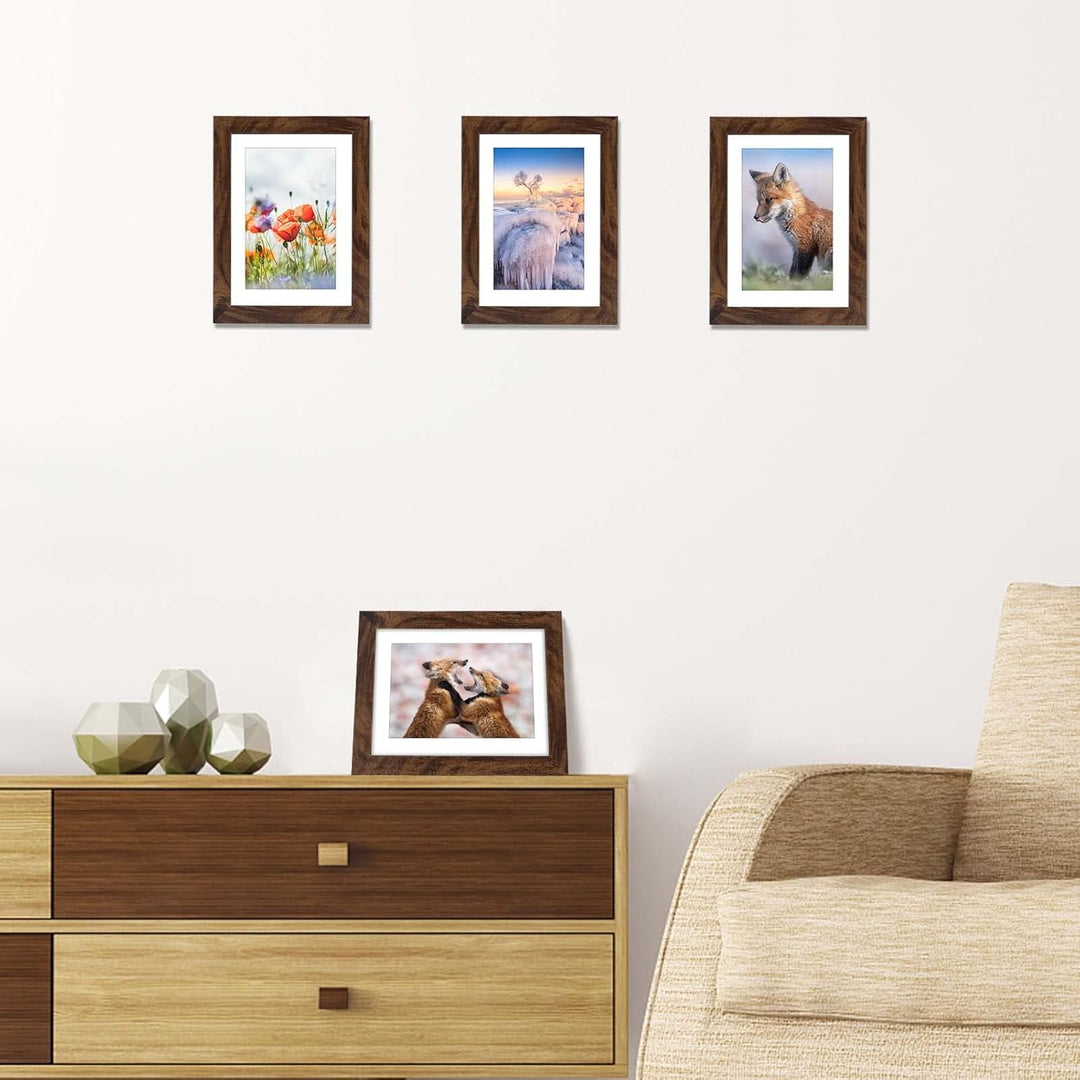 EXYGLO 4er-Set Bilderrahmen 10x15 CM, Braune Rustikale Fotorahmen für 15x10 Fotos mit Passepartouts