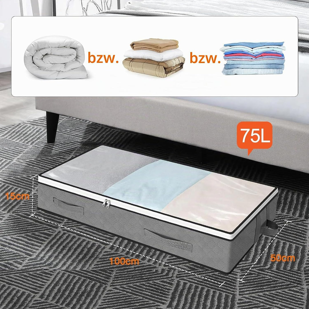 AiQInu 3 Stück Unterbett Aufbewahrungsbox 75L, Faltbare Unterbettkommode mit Sichtfenster, Kleiderau