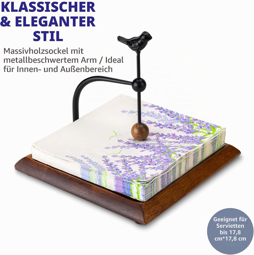 Holzserviettenhalter mit vogelartigem Griff – Eleganter flacher Serviettenhalter mit gewichtetem Arm