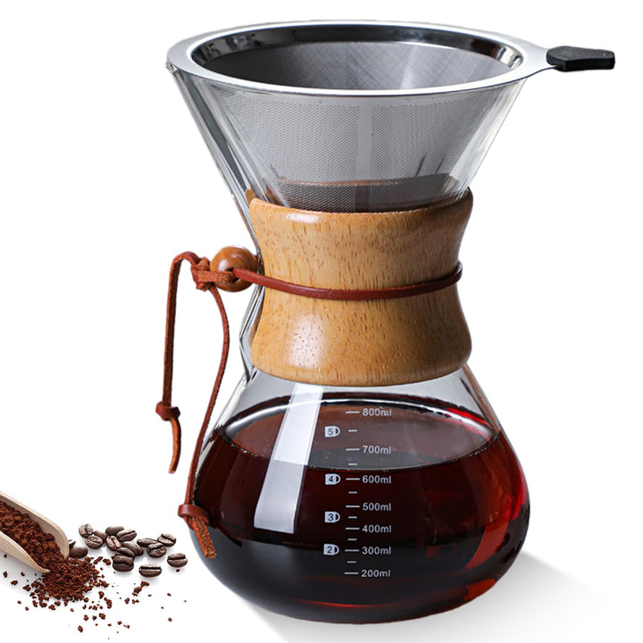 Pour Over Kaffeebereiter, 800 ml Permanentfilter Pour Over Kaffeebereiter, Borosilikat Glaskanne mit