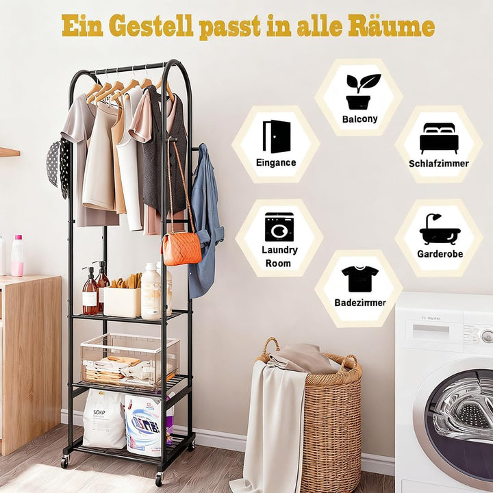 Kleiderständer mit Rädern und 3-stufigen Metallböden, Kleiderstangen zum Aufhängen von Kleidung mit