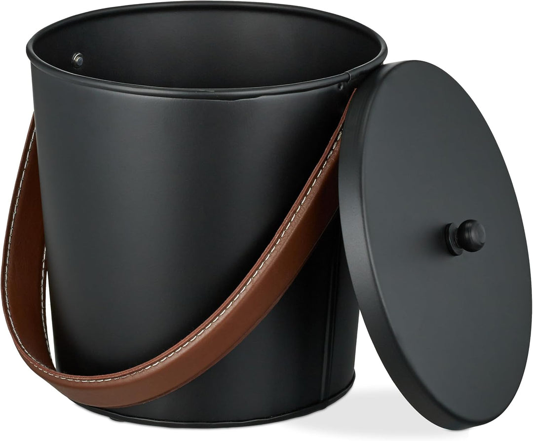 Relaxdays Ascheeimer mit Deckel, 4,5 Liter, Aschetonne mit Lederhenkel, für Kohle & Asche, Kamin, Of