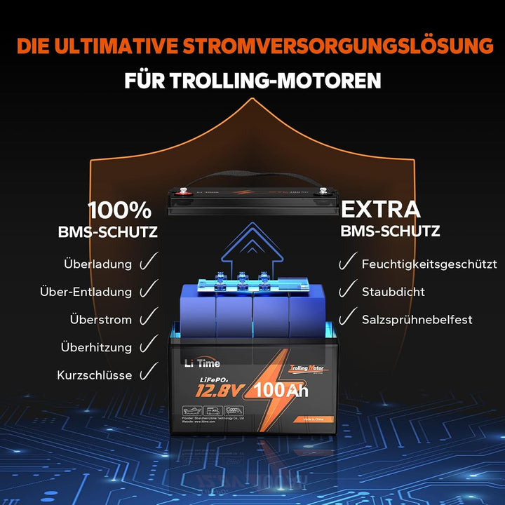 LiTime LiFePO4 12V 100Ah Trolling-Motoren Lithium Batterie mit Tieftemperaturschutz, Deep Cycle Batt