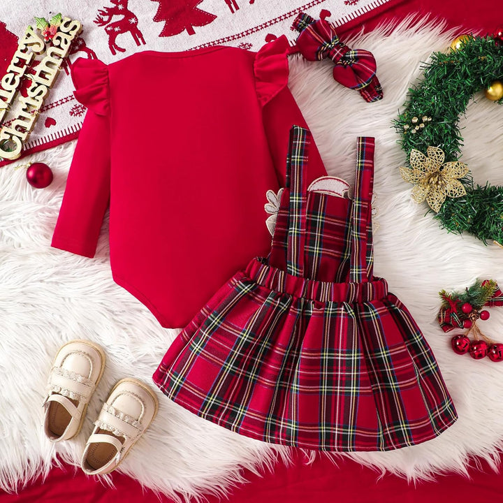 Baby Mädchen Weihnachtskleidung Langarm Strampler Hosenträger Plaid Rock Set Neugeborenen Outfit 0-3