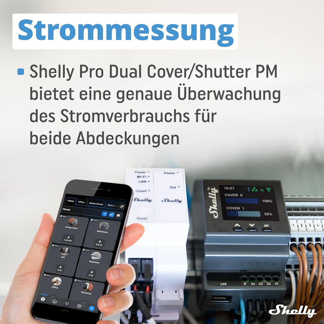 Shelly Pro Dual Cover/Shutter PM | LAN-, Wi-Fi- und Bluetooth-Verbindung, Professioneller DIN-Schien