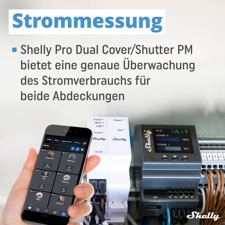 Shelly Pro Dual Cover/Shutter PM | LAN-, Wi-Fi- und Bluetooth-Verbindung, Professioneller DIN-Schien