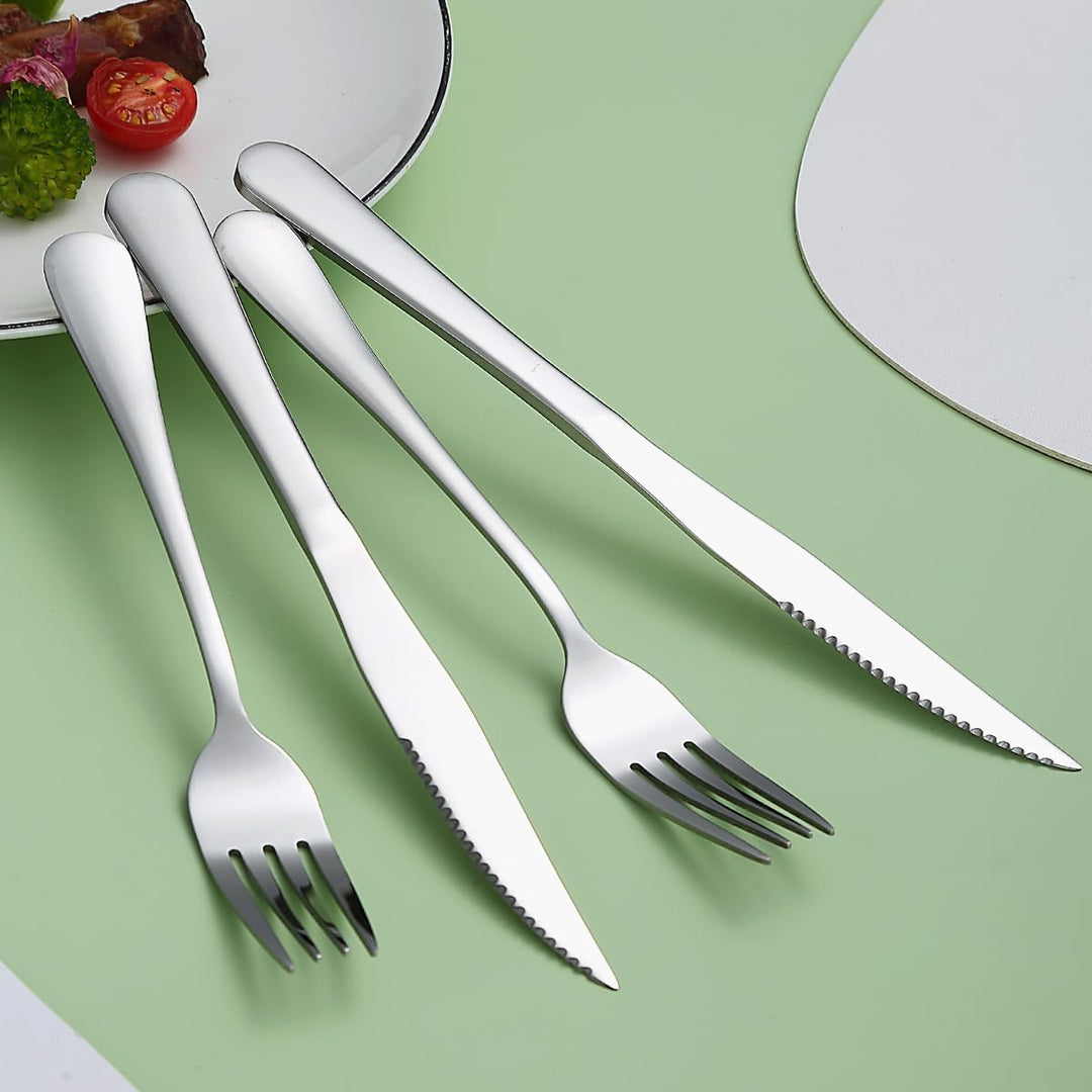 Evanda Steakbesteck 12 teilig, Edelstahl 6 Tafelgabeln und 6 Tafelmesser Set, Steakmesser Steakgabel
