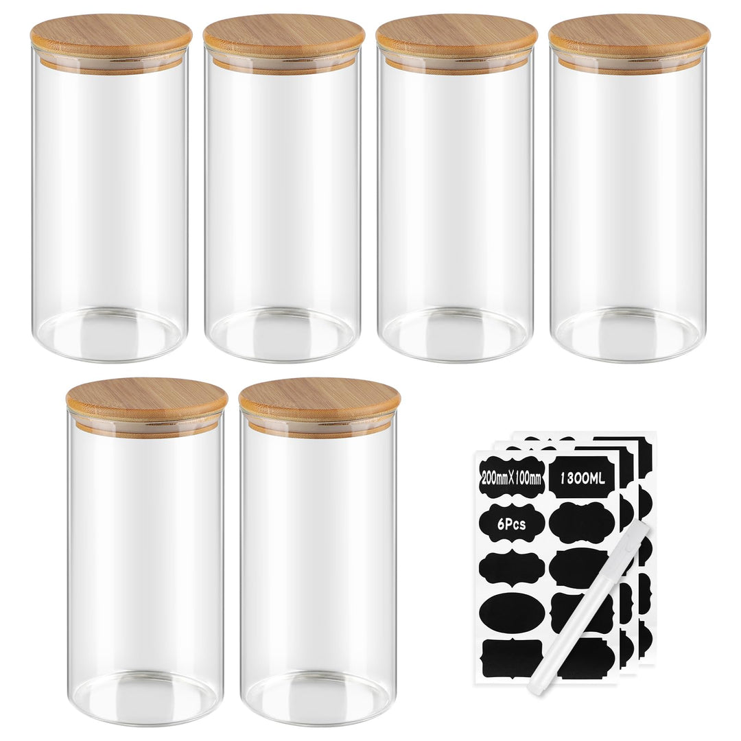 efuturetime 6stk. 1300ml Vorratsgläser Glas Rund, φ10.5 * 20.8cm, Vorratsdosen Glas mit Bambusdeckel
