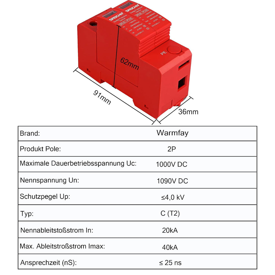 Warmfay Überspannungsschutz PV 2P 20-40KA, 1000V DC Photovoltaic Lightning Protector Niederspannungs