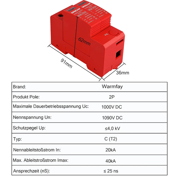 Warmfay Überspannungsschutz PV 2P 20-40KA, 1000V DC Photovoltaic Lightning Protector Niederspannungs