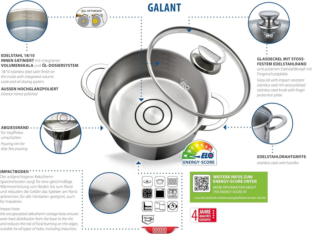 ELO 72541 Bratentopf 20 cm mit Glasdeckel Serie Galant, Induktion, Edelstahl hochglänzend, mit Liter