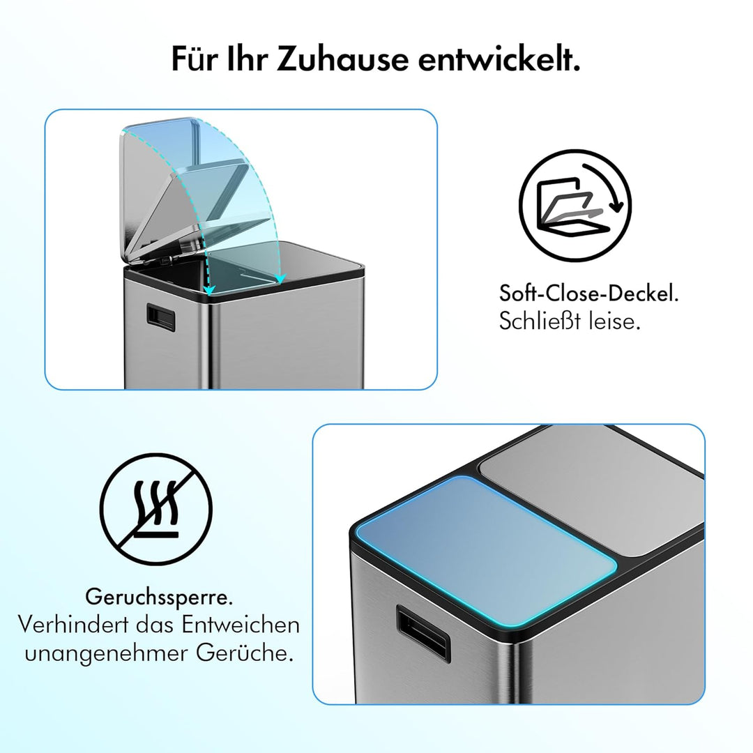 VonHaus Mülleimer Küche 2 Fächer, 30L Recycling Mülltrennsystem – Abfalleimer Biomüll, Rutschfester