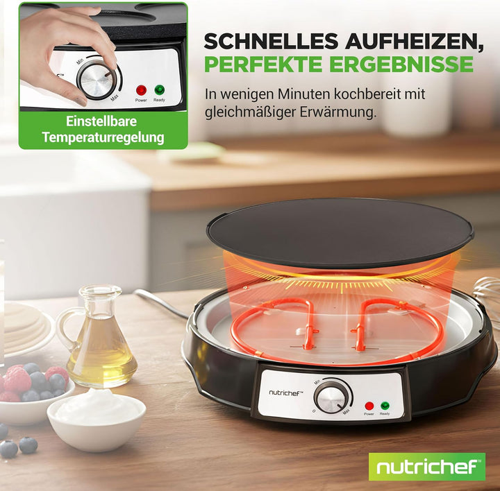 NutriChef Crepes Maker 30 cm mit Abnehmbarer Wendeplatte - Antihaft Oberfläche, LED Anzeige und Temp