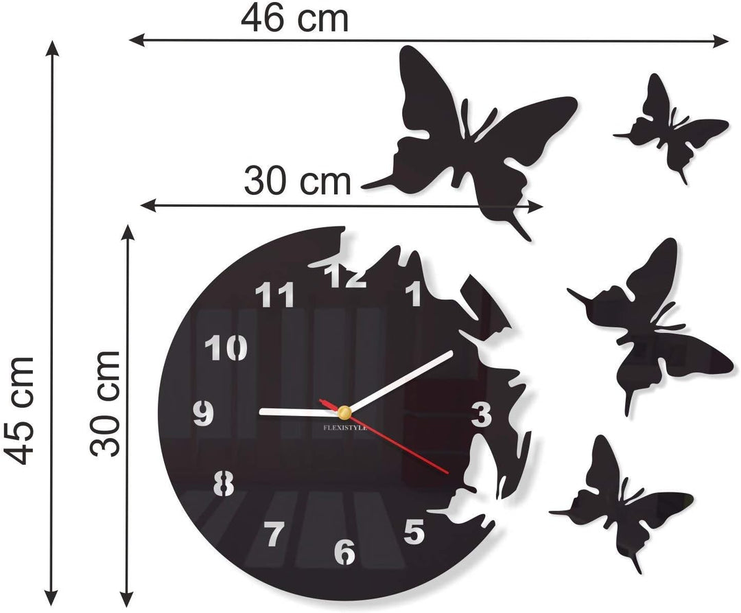 Grosse moderne Wanduhr Schmetterling Schwarz rund 30cm, 3d DIY, Wohnzimmer, Schlafzimmer, Kinderzimm