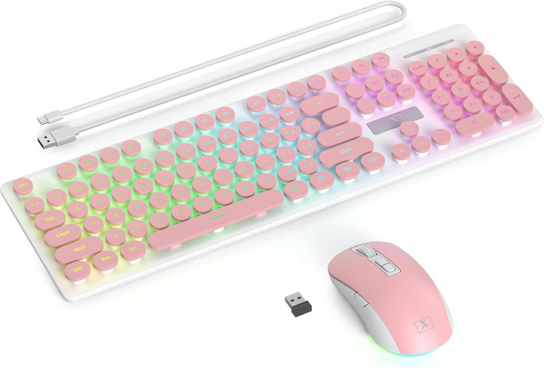 SOLIDEE Beleuchtetes Kabellose Tastatur und Maus Set, 2.4 GHz Wiederaufladbar, Rosa Retro Schreibmas