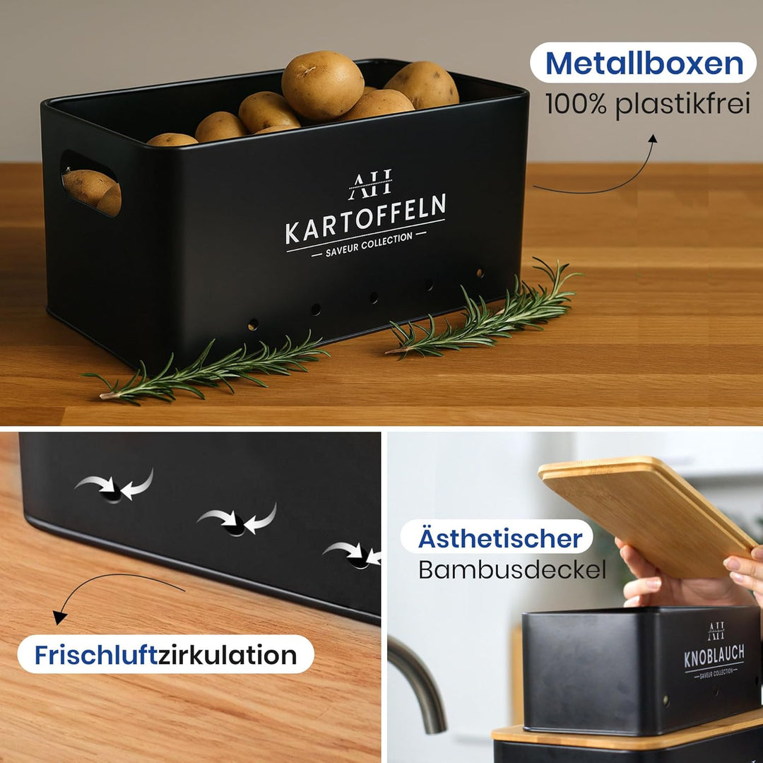 AH® Kartoffel Aufbewahrungsbox inkl. Gemüsebürste [4er Set]- zwiebeltopf, kartoffelbox - Geeignet fü