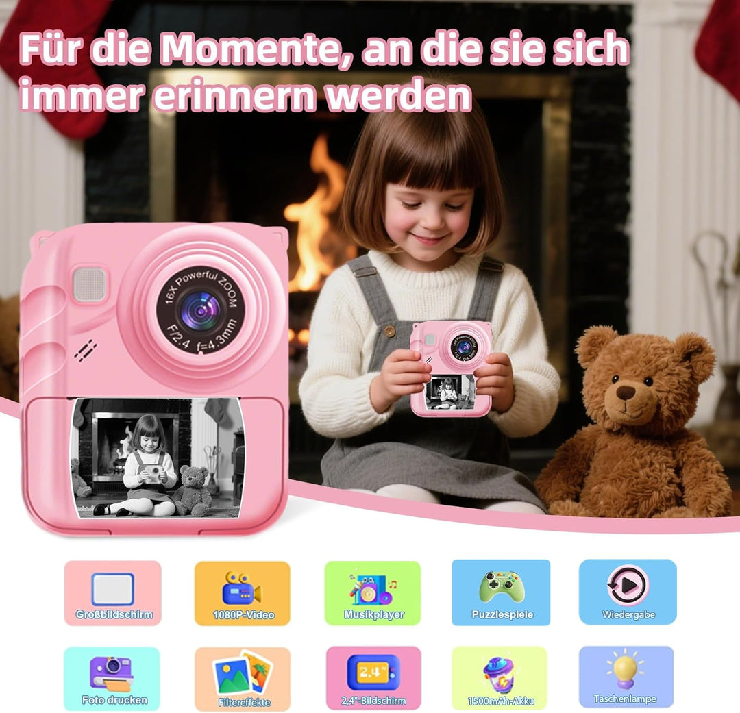 Kinder Sofortbildkamera 1080P, Digitalkamera für Kinder mit Sofortdruck, 32GB Speicherkarte & 3 Druc