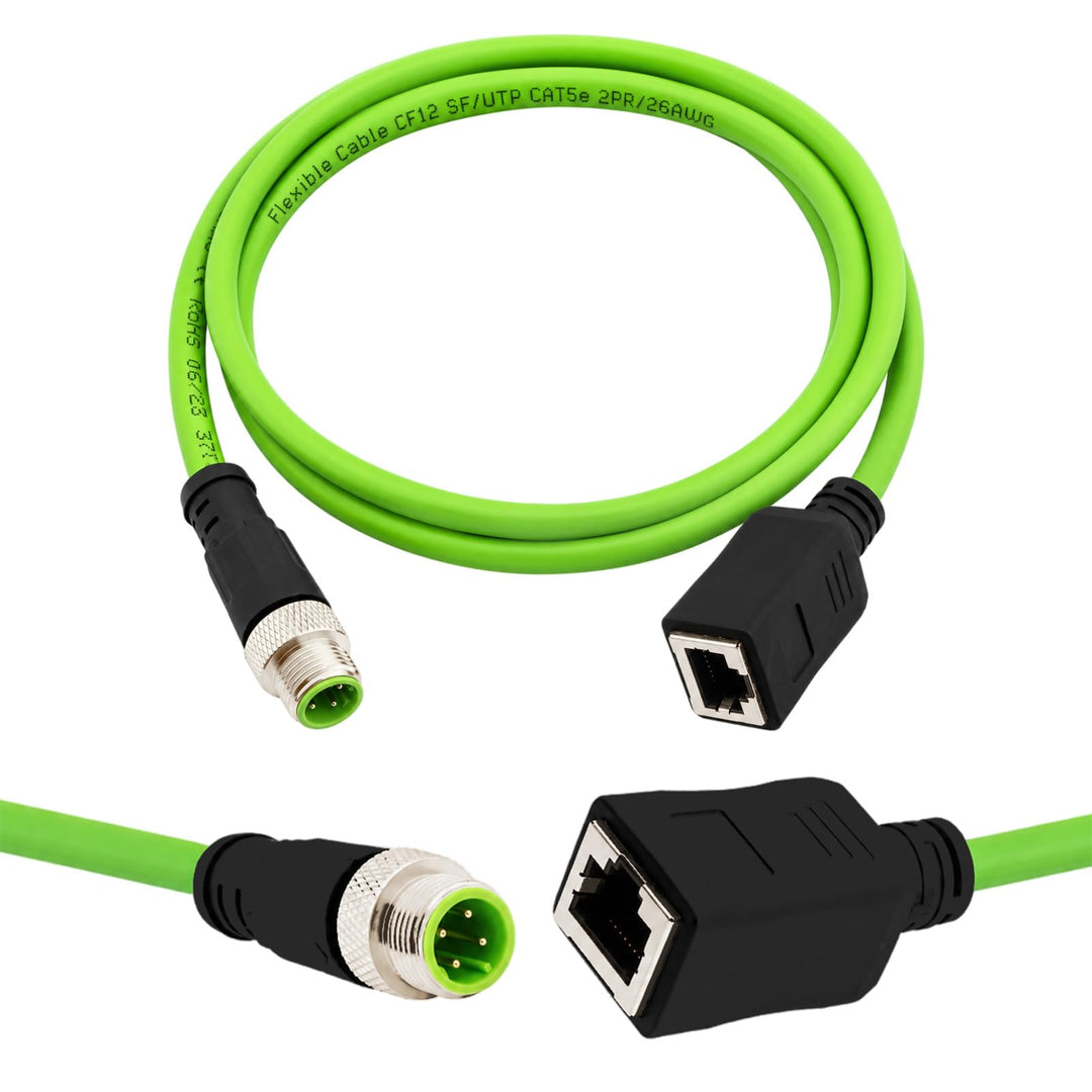 M12 D-Code 4-polig auf RJ45 Kabel (1m), Industrial Ethernet Cat5e Patchkabel, Stecker zu Buchse, IP6