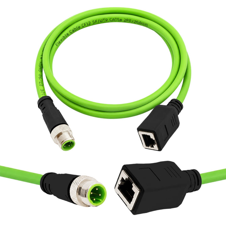 M12 D-Code 4-polig auf RJ45 Kabel (1m), Industrial Ethernet Cat5e Patchkabel, Stecker zu Buchse, IP6