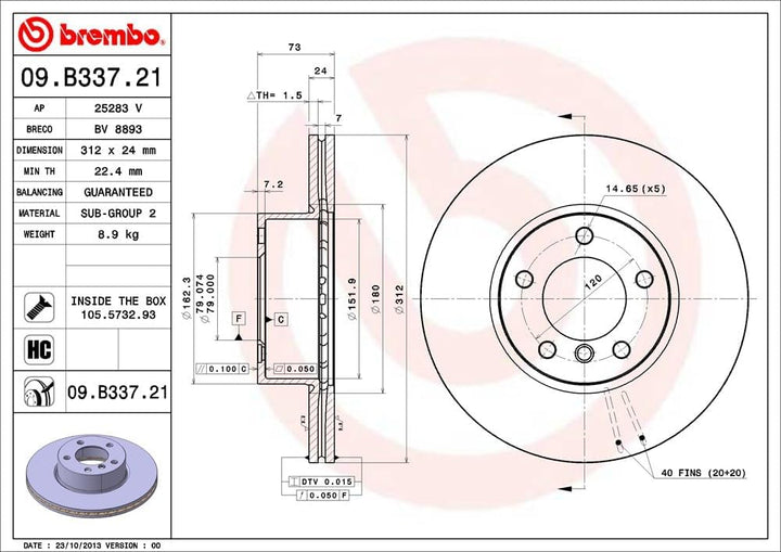 Brembo 09.B337.21 Vordere Bremsscheibe mit UV Lackierung Single, Single