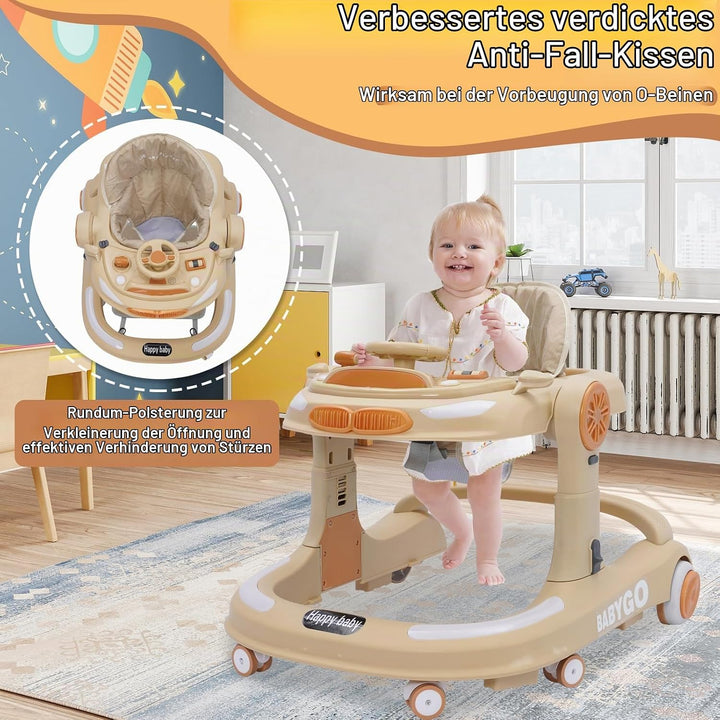 4 in 1 Lauflernhilfe, Baby Walker Höhenverstellbar, Gehhilfe mit Esstablett, Spielcenter, Bodenmatte