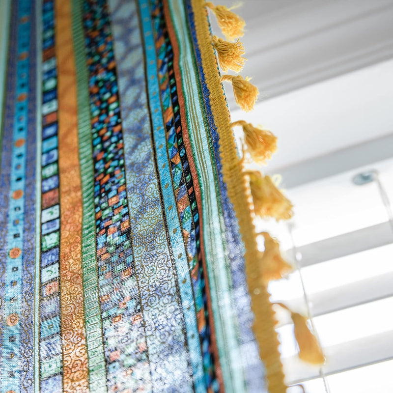 Freyamy Vorhang 160x150cm Boho Bunt Blau Baumwolle Leinen Landhausstil Vintage Vertikale Streifen Bl