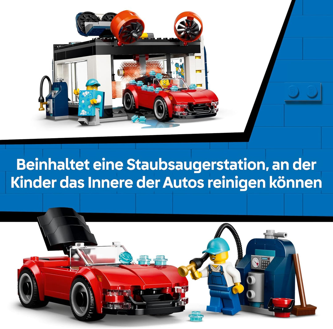 LEGO City Waschstrasse Spielzeug - inkl. 2 Modellautos, Waschfunktion und 4 Minifiguren mit Zubehör