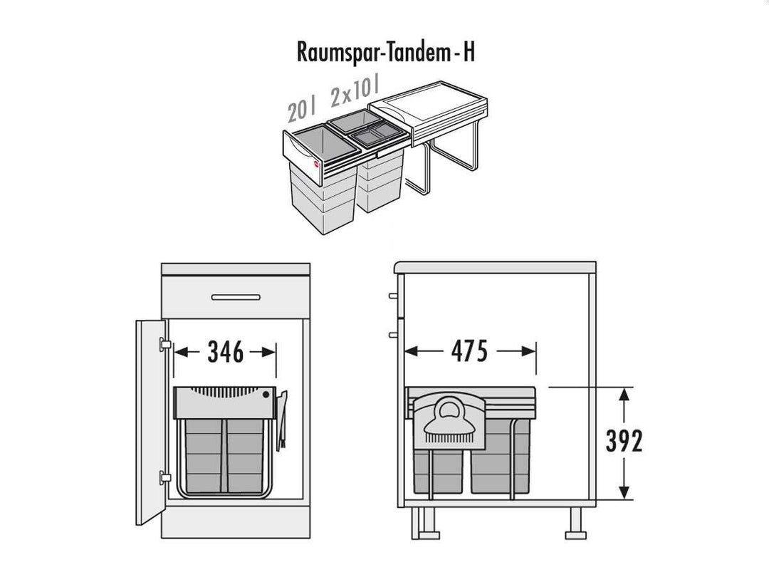 Hailo Abfallsammler 3642231 | Raumspar-Tandem 3fach | inclusive Kehrset | ab 40cm Unterschrankbreite