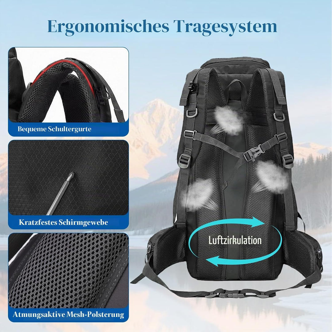 Wanderrucksack Wasserdicht 60L, Leichter Campingrucksack Sportlicher Reiserucksack Trekkingrucksack